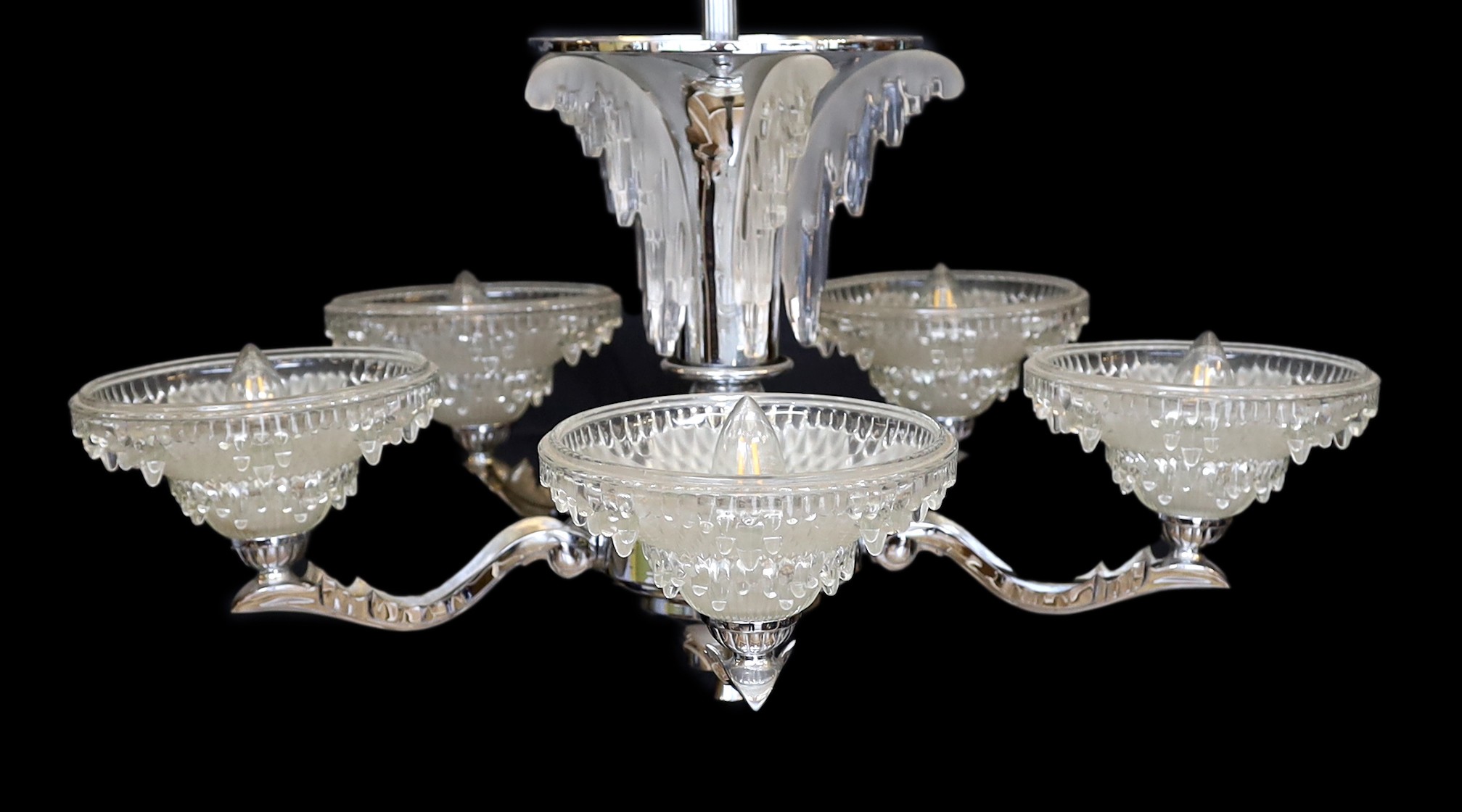 A French Art Deco chrome plated and glass five light chandelier, with scrolling branches and 'melting ice' mounts and shades, drop 85cm. width 70cm